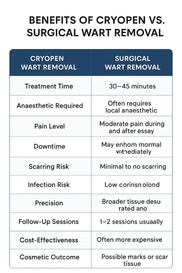 Table showing the benefits of cryopen to remove warts Burton upon Trent compared to surgical treatment